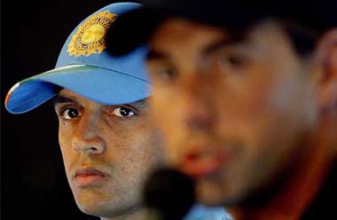 Stand-in captain Rahul Dravid listens to New Zealand captain Stephen Fleming address a joint news conference in Chennai 