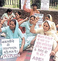 Activists of All India Mahila Sanskritik Sangathan sitting on a dharna against the rape cases in the Capital on Thursday. 