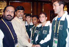 Andhra pradesh Chief Minister N. Chandrababu Naidu and President Suresh Kalmandi are introduced to Pakistan boxers participating in the first Afro-Asian Games