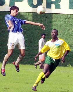 An exciting moment during the football match played between India and Rwanda at the first Afro-Asian Games in Hyderabad