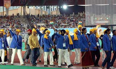 Indian contingent during the march past of the opening ceremony of 1st Afro-Asian Games in Hyderabad 