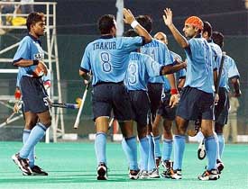 Prabjot Singh being congratulated by  teammates after he scored the first goal against Egypt 