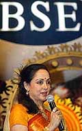 Hema Malini speaks before 'muhurat' for the opening of trading of the Hindu New Year, at the BSE, in Mumbai 