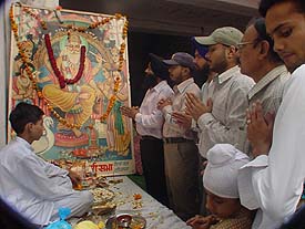 Industrial workers offer prayers on Vishvakarma Day in Ludhiana on Sunday