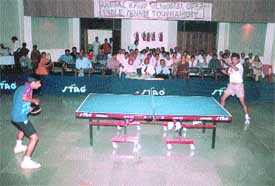 A table tennis match in progress during the Jaspal Kaur Memorial Open