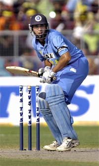 V. V. S. Laxman eyes a ball during India's match against Australia in Gwalior 