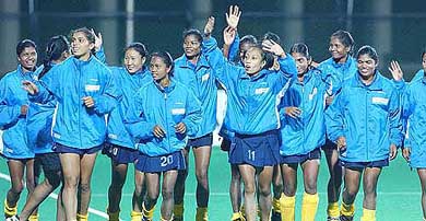 Indian women hockey team players take a victory lap after thrashing Kazakhstan 9-0