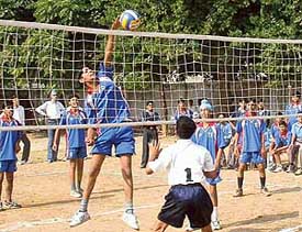 A volleyball match between Patiala and Amritsar in progress during the opening ceremony of the 16th Sarvhitkari Punjab State Sports Festival at Sharda Sarvhitkari Senior Model School, Sector 40, in Chandigarh on Tuesday. 