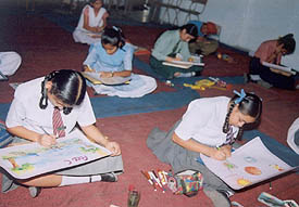 Students participate in a chart-making contest at Ramgarhia Senior Secondary School for Boys, Millerganj, Ludhiana