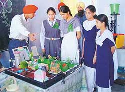 A student explains his science project to other students