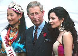 Britain�s Prince Charles with Miss Tibet Tsering Kyi and Miss India International Shonali Nagrani (right) at a young entrepreneurs event in Delhi on Wednesday.