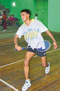 Parminder of Delhi in action during the All-India Tarachand Memorial Badminton Tournament in Panchkula