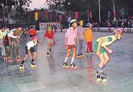 Children practise on the eve of the fourth CBSE National Roller Skating Championship