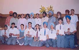 First-prize winners of the District Science Fair pose with their mementoes during the prize-distribution function at Ramgarhia Senior Secondary School for Boys