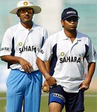 Virender Sehwag and Sachin Tendulkar take part in a practice session in Mumbai 