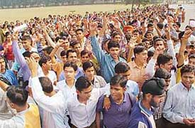 Students of local college protest against the fee hike at the Panjab University campus 