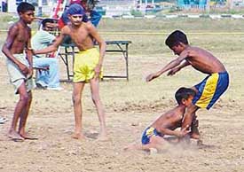 A kabaddi match between Manakpur and Rabon in progress at the Sukhdev Singh Gill memorial sports festival at the Dasehra ground in Phase VIII