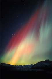 This image photographed at about midnight (Alaska Standard time) on Thursday shows aurora over the Matanuska glacier and the Chugach mountains in the southeast sky.