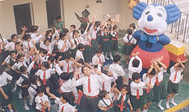 Students of New Senior Secondary School, Civil Lines, Ludhiana, mimick Donald Duck during a fun show organised in the school