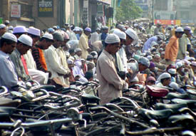 Muslims offer prayers at a masjid at the Sufian Chowk on the first Friday of the holy month of Ramzan