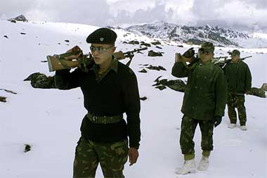 Soldiers patrol near India-China border in Tawang, located at a height of 11,000 feet in Arunachal Pradesh