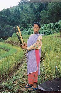 Beya, a farmer from Khasi hills, shows off an indigenously made bamboo �tool�.