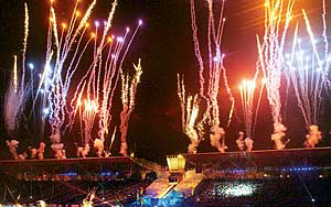 Fireworks light up the night sky as the first Afro-Asian Games are declared closed at GMC Balayogi Stadium in Hyderabad on Saturday.