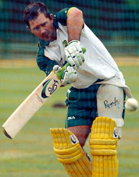 Australia's captain Ricky Ponting hits a shot during a practice session