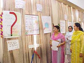 Entries at a slogan-writing competition on display at the SGGS College for Men, Sector 26, Chandigarh, on Tuesday.