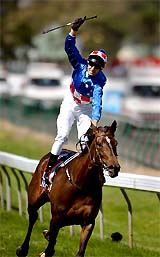Makybe Diva, ridden by jockey Glen Boss, comes across the line to win the Melbourne Cup