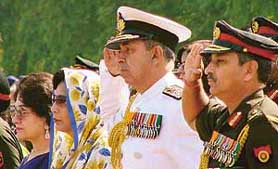 Admiral Madhvendra Singh, Chief of Naval Staff, salutes at the bicentenary celebration of the Bengal Sappers at Roorkee on Thursday