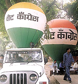 Congress  supporters with party balloons at the AICC office in the Capital on Thursday.