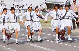 Students of Ajit Karam Singh International Public School, Sector 41, participate in three-legged race on the school�s Sports Day at the Sports Complex