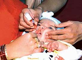 A child being administered polio drops at a camp in Sector 9, Panchkula, during the fourth sub-national round of the Pulse Polio Immunisation Campaign