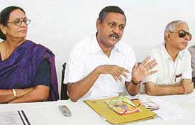 Former local MP Satya Pal Jain addresses a press conference at the local BJP office, Kamalam, Sector 33, Chandigarh, on Monday.