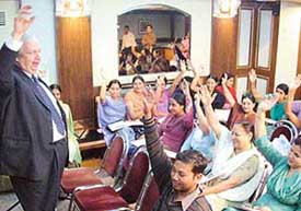 Mr Mike Nobles, president, CPI Medical Staffing Inc,USA, talks to Indian nurses at a seminar in Chandigarh on Monday.