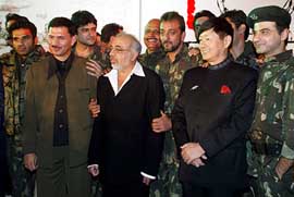 Bollywood actor Sunil Shetty, Sanjay Dutt and Sanjay Kapoor pose with film-maker J.P. Dutta and Colonel Yogesh Joshi of the Indian Army at the music release of Dutta's new film Kargil Loc