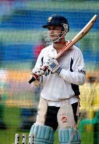 Saurav Ganguly gets ready for net practice in Bangalore