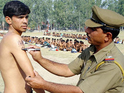 Physical measurement of a candidate being taken at the Police Lines, Ambala