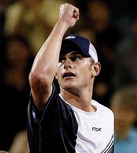 Andy Roddick of the US celebrates after beating Carlos Moya of Spain 