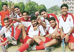 Jubilant hockey players of St Stephen�s School, Sector 45, who won the ICSE Inter-School Hockey Meet