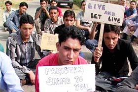 Students from Kargil hold a demonstration outside the office of the UN Observers Group in Jammu