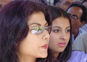 Noted Assamese film actress Prastuti Parasar and Nishita Goswami take part in a demonstration organised by the Assam Film Industry in Guwahati 