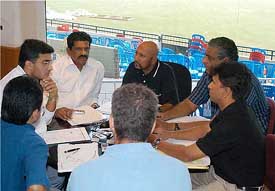 Indian cricket  captain Sourav Ganguly discusses with national selectors and coach John Wright during the team selection meeting in Bangalore 