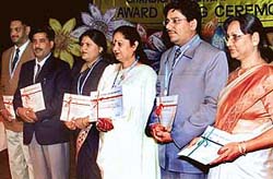 UT awardee teachers at an award-giving function held at Tagore Theatre, Sector 18, Chandigarh, on Friday. 