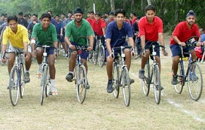 Students of Yadavindra Public School, SAS Nagar, take part in a cycle race as part of Children�s Day at SAS Nagar on Friday.