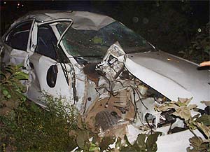 The mangled remains of the car which was hit by a train at an unmanned level crossing in Ludhiana