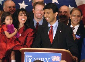 Louisiana Republican gubernatorial candidate Bobby Jindal (C) concedes defeat 