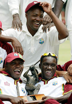 West Indies captain Brian Lara and teammates with the Clive Lloyd Trophy