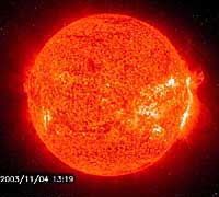 This digital photo taken on November 4, 2003, with NASA’s extreme imaging telescope aboard the SOHO satellite shows the most powerful solar flare ever by orbiting instruments, according to the space agency.